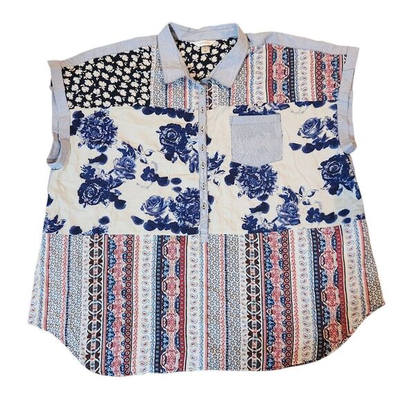 CJ Banks Summer Top Plus Size 3X Blue Floral Patchwork Short Sleeve Shirt - Picture 1 of 8